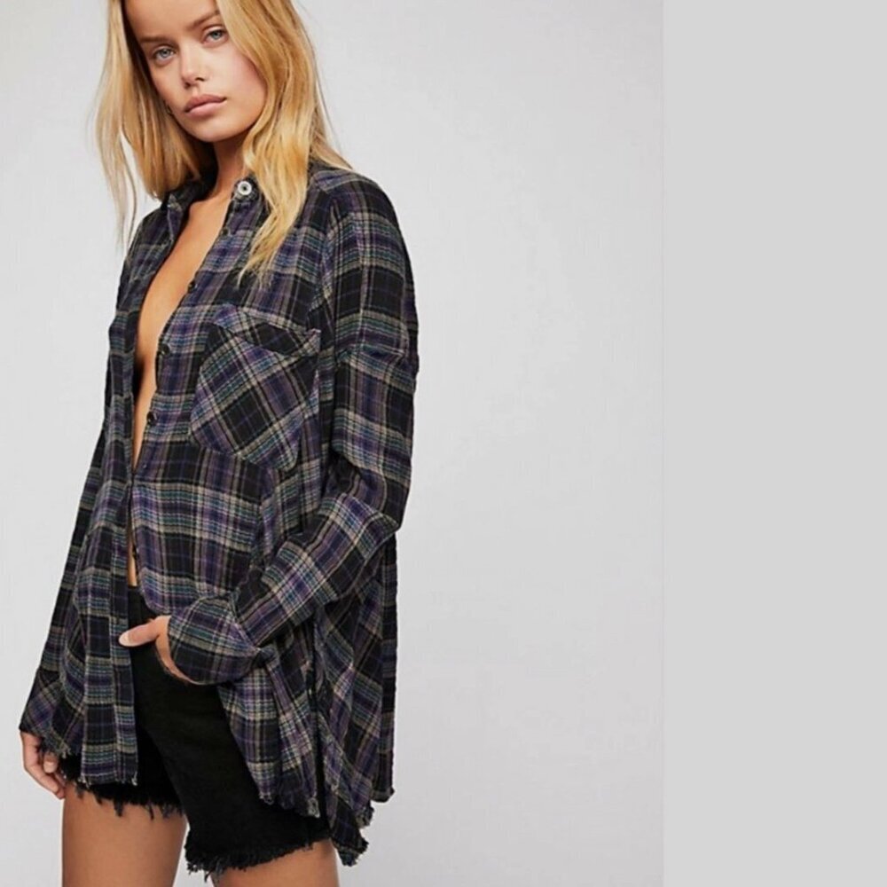 Free People Juniper Ridge Snap Side Plaid Button Down Shirt Sz XS